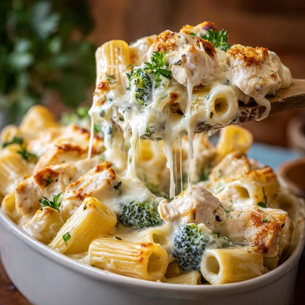 Creamy chicken and broccoli pasta bake being lifted by a wooden spoon, showing strings of melted cheese.