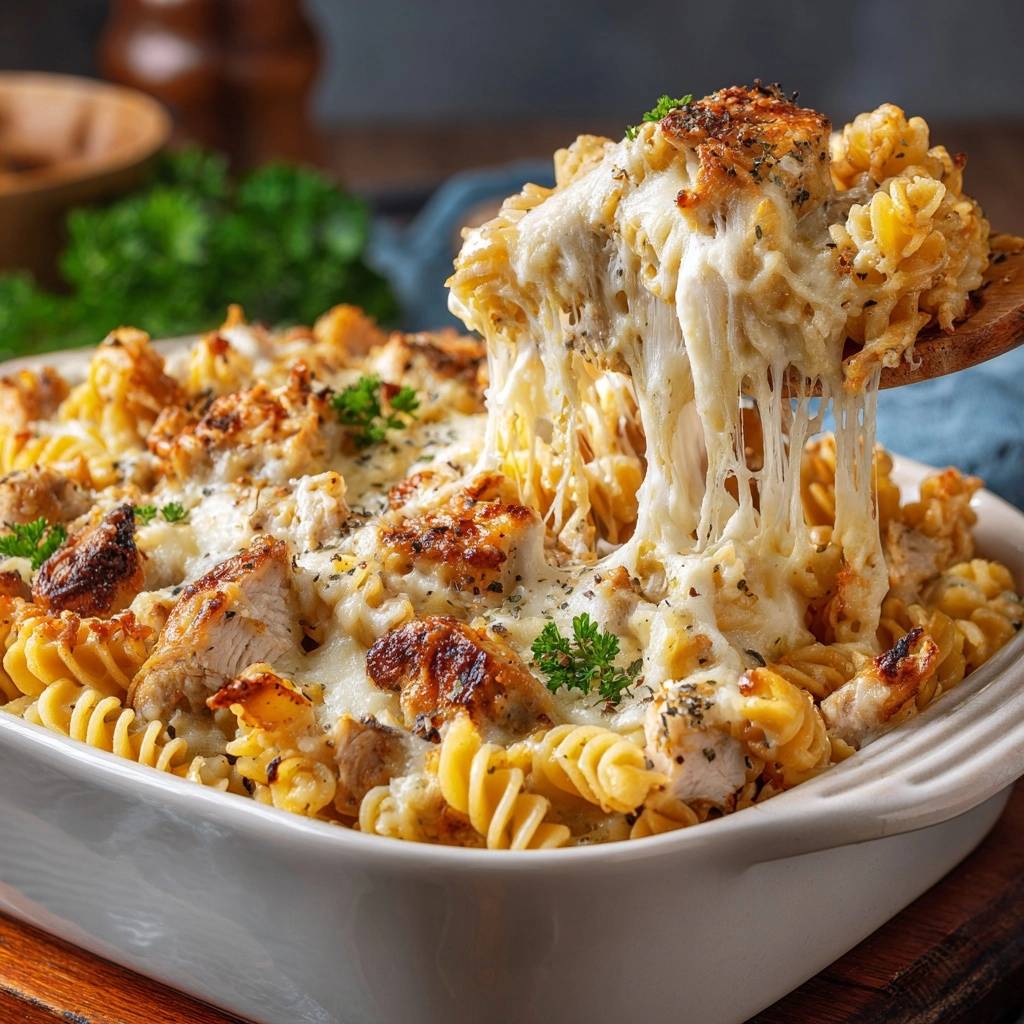 Creamy garlic chicken pasta bake with a generous portion being lifted, showing a long, gooey cheese pull.