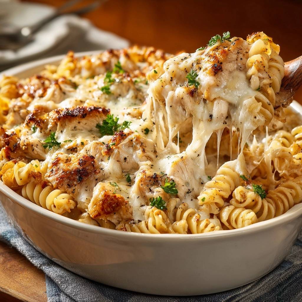 Creamy garlic chicken pasta bake with a generous cheese pull being lifted by a wooden spoon, garnished with parsley.