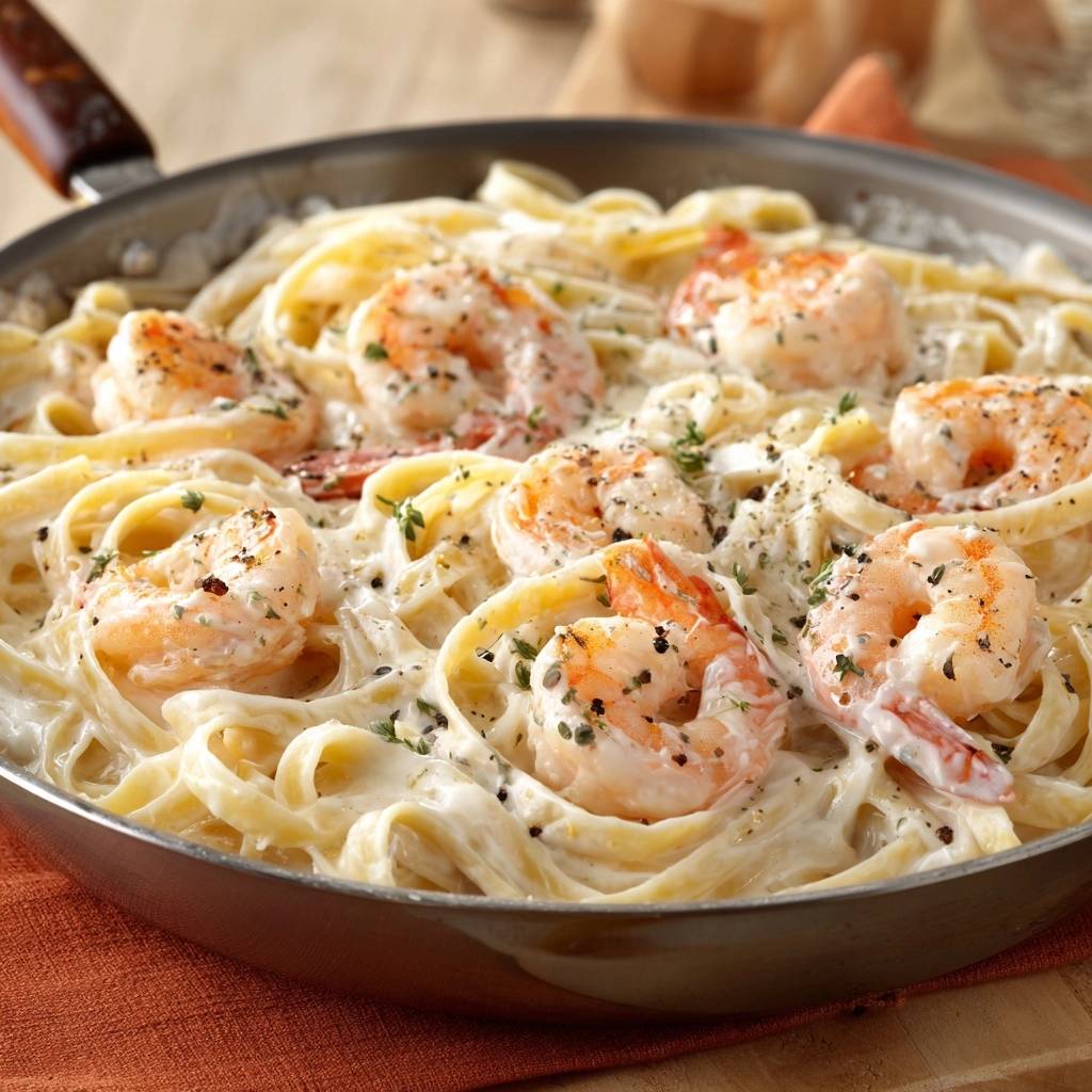 Creamy garlic shrimp fettuccine served in a skillet, showcasing tender shrimp and rich sauce.