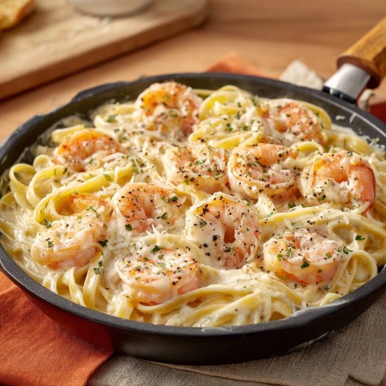 Creamy garlic shrimp fettuccine served directly in a black skillet, showcasing plump shrimp and rich sauce.