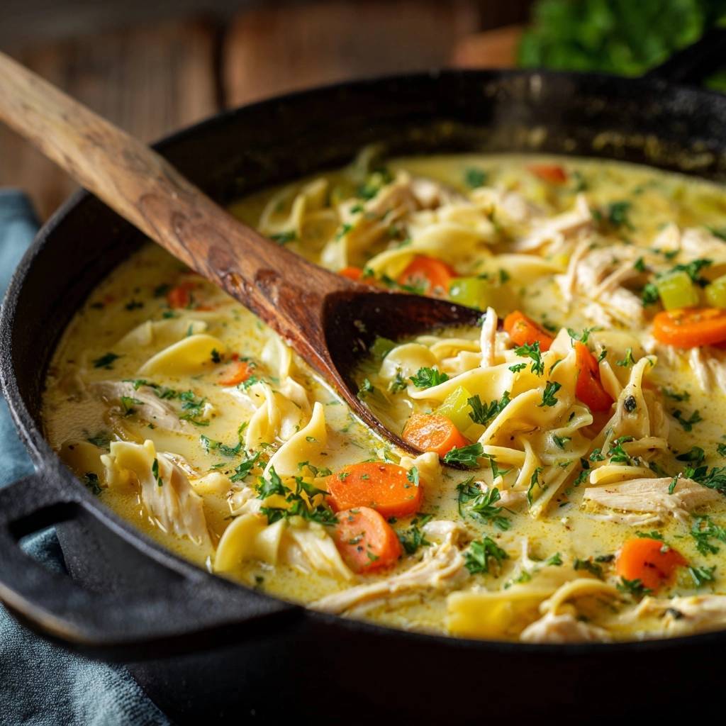 Creamy homestyle chicken noodle soup served in a cast iron skillet with a wooden spoon, featuring noodles, chicken, carrots, and parsley.