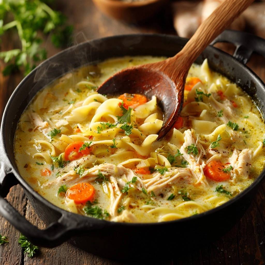 Creamy homestyle chicken noodle soup served in a black pot with a wooden spoon scooping some noodles.