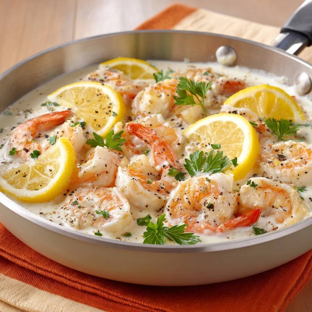 Creamy lemon garlic butter shrimp in a pan, showcasing plump shrimp and lemon slices with fresh parsley garnish.