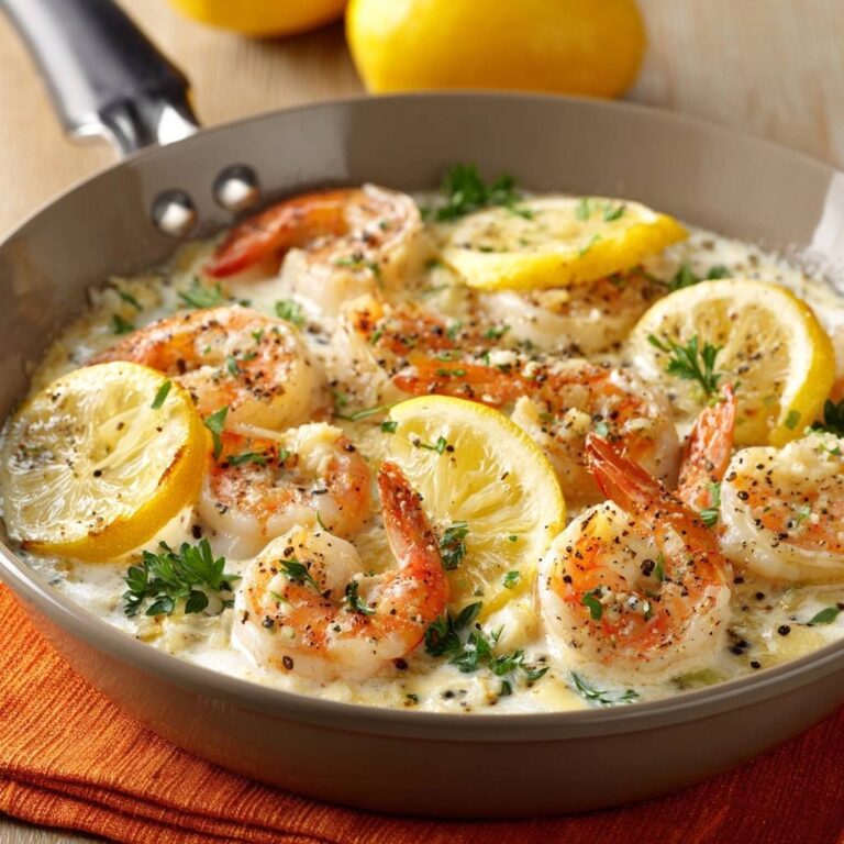 Creamy lemon garlic butter shrimp in a pan, garnished with lemon slices and parsley.