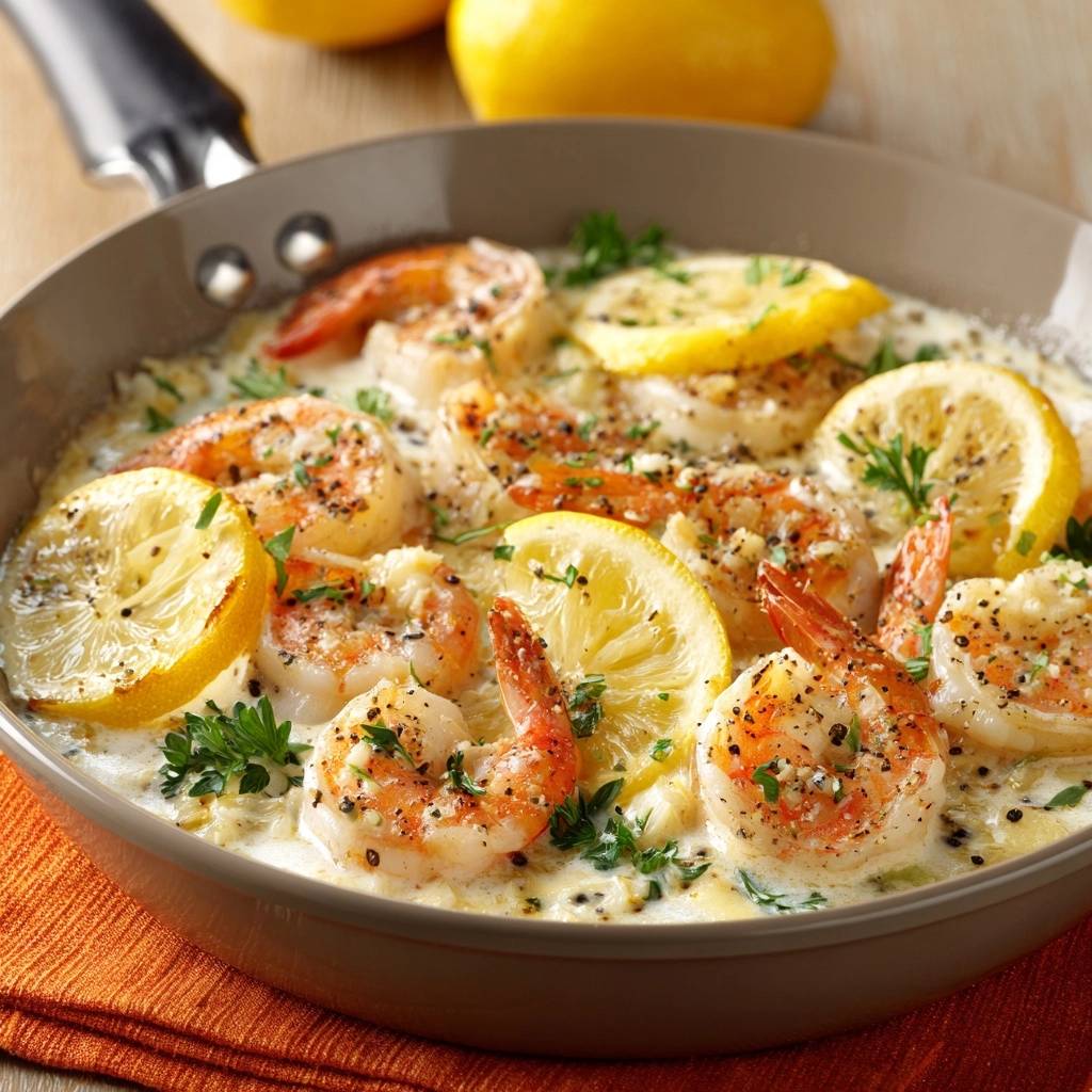 Creamy lemon garlic butter shrimp in a pan, garnished with lemon slices and parsley.