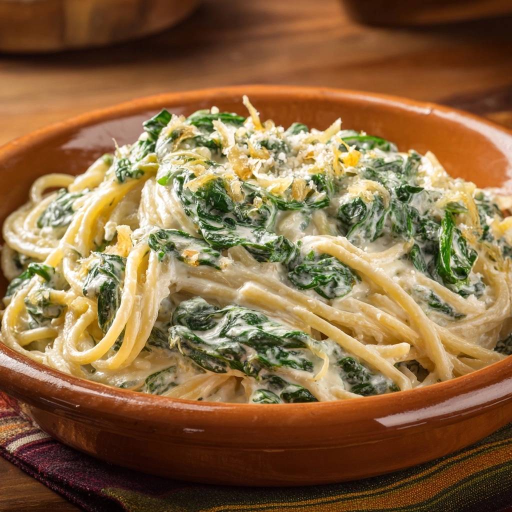 Creamy lemon spinach spaghetti in a rustic bowl, showcasing the rich sauce and tender pasta with a garnish of cheese.