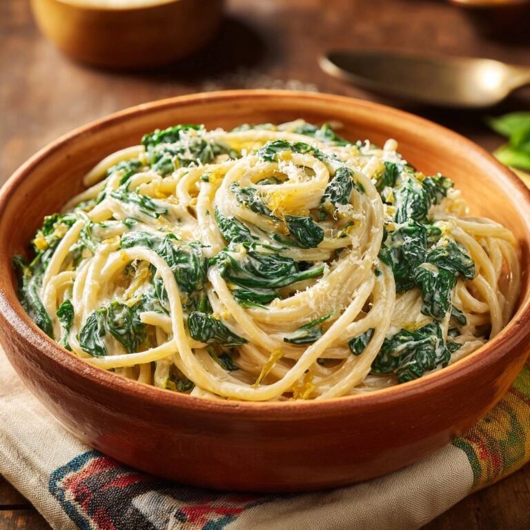 Creamy lemon spinach spaghetti served in a rustic wooden bowl, showcasing a close-up view of the twirled pasta and vibrant green spinach.