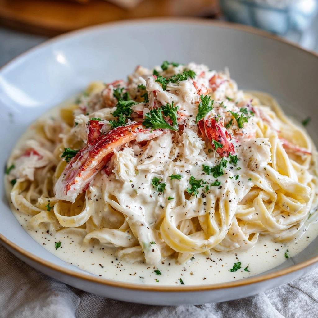 Creamy lobster tagliatelle featuring tender pasta bathed in rich sauce, topped with succulent lobster and fresh parsley garnish.