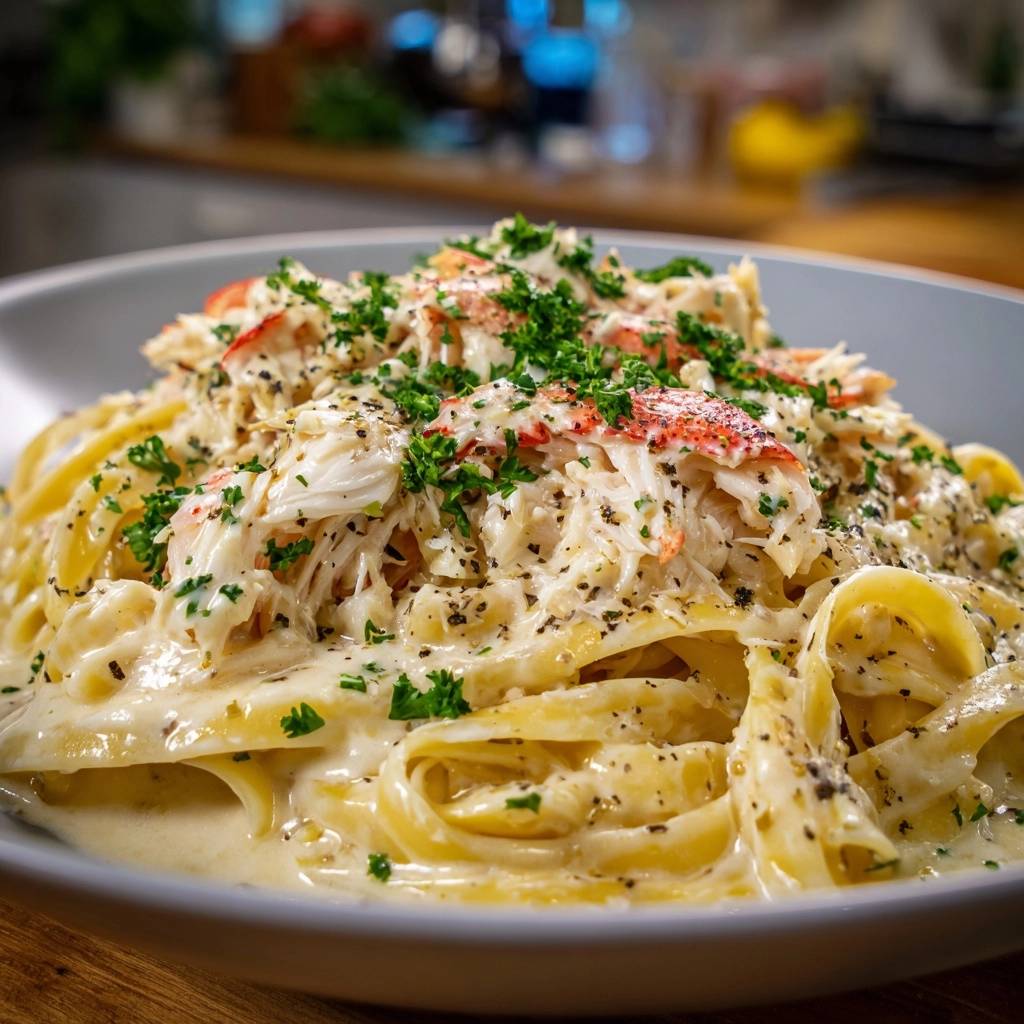 Creamy lobster tagliatelle with fresh parsley garnish in a bowl, showcasing a close-up view of the rich sauce.
