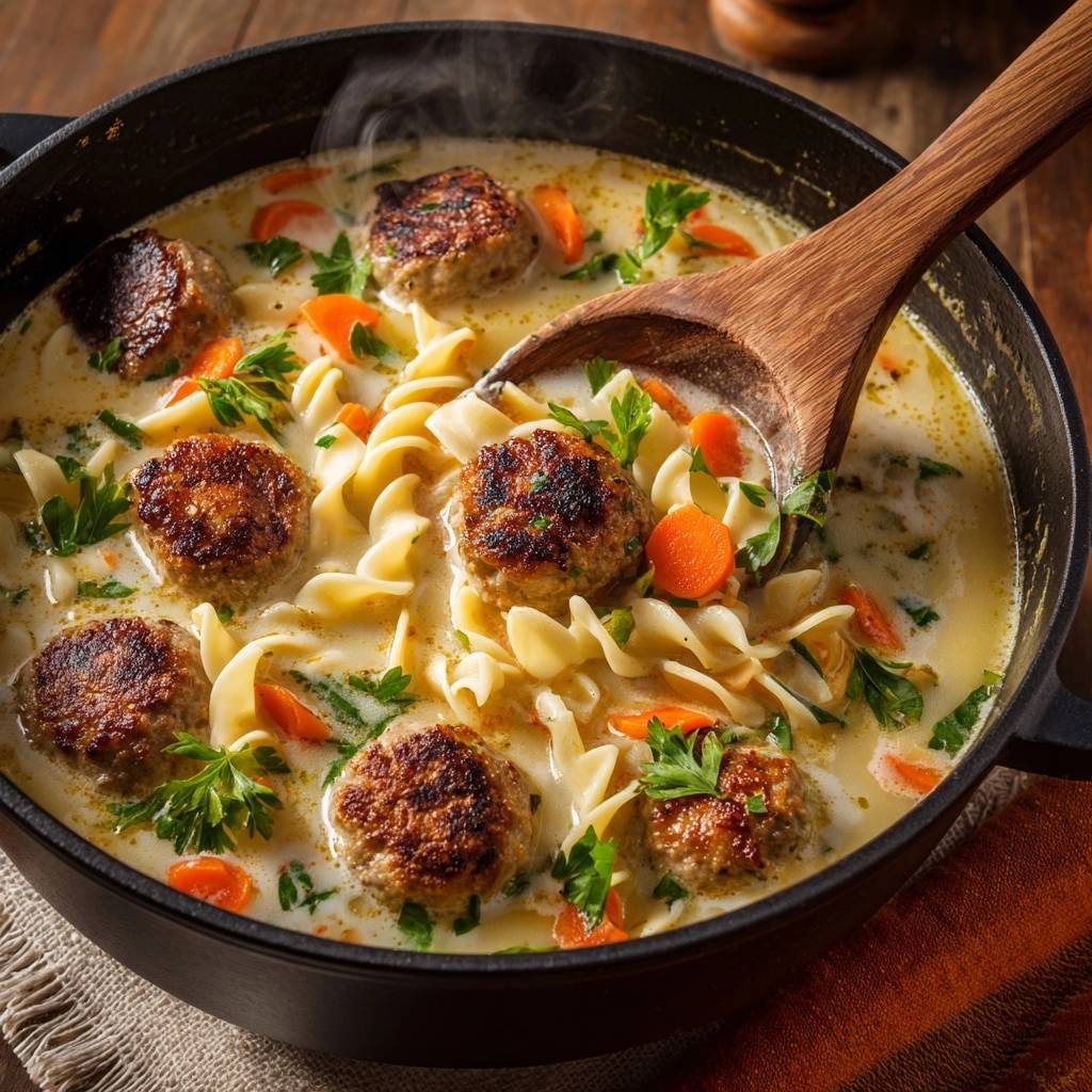 Creamy meatball noodle soup with a wooden spoon scooping pasta and meatballs from the pot.