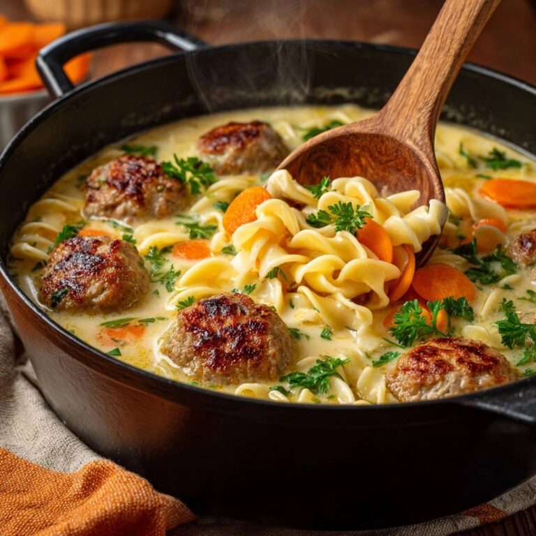 Creamy meatball noodle soup with a wooden spoon lifting a generous portion of noodles and broth.