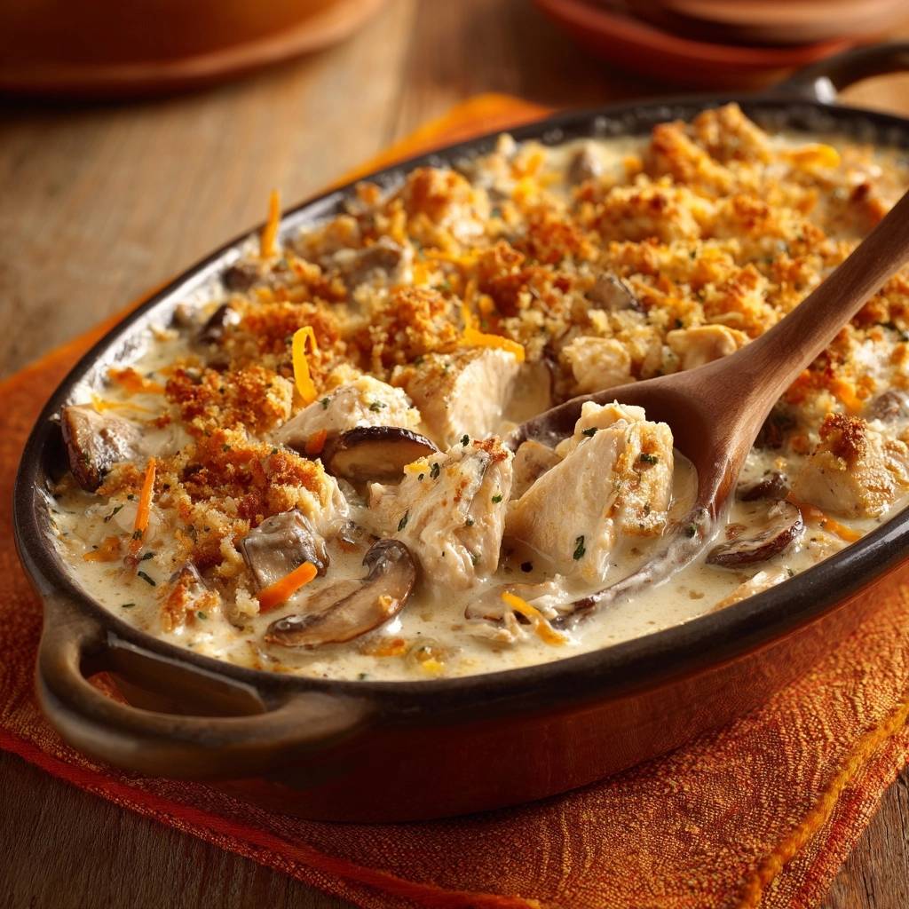 The Ultimate Creamy Mushroom Chicken Casserole with a spoonful being lifted, showing tender chicken and mushrooms.
