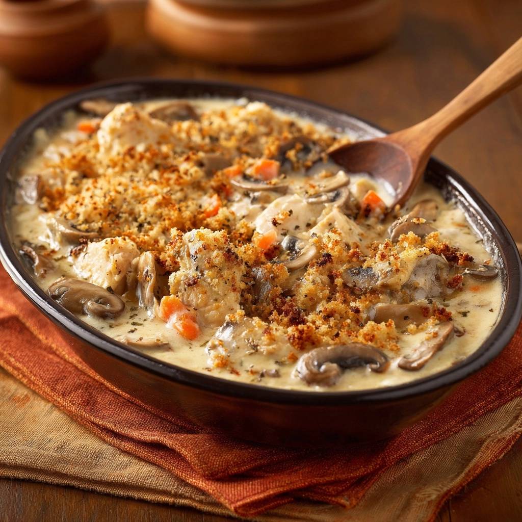Creamy mushroom chicken casserole with a breadcrumb topping, served in a casserole dish with a wooden spoon.