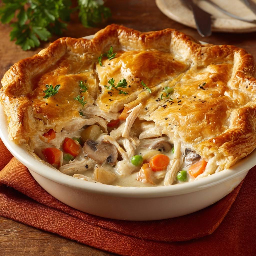 Creamy mushroom and chicken pot pie close-up showing the flaky crust and hearty vegetable and chicken filling.