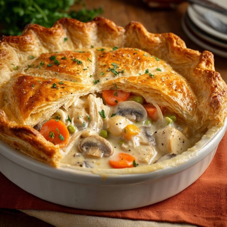 Creamy mushroom and chicken pot pie with a close-up view of its flaky, golden-brown crust and savory filling.