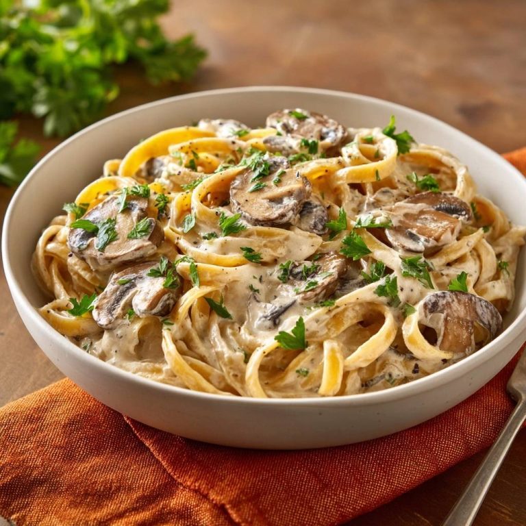 Creamy mushroom fettuccine served in a white bowl, generously garnished with fresh parsley and sliced mushrooms.