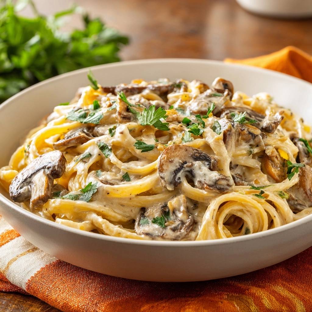Creamy mushroom fettuccine served in a white bowl, garnished with parsley, showcasing the creamy sauce and pasta in a close-up view.