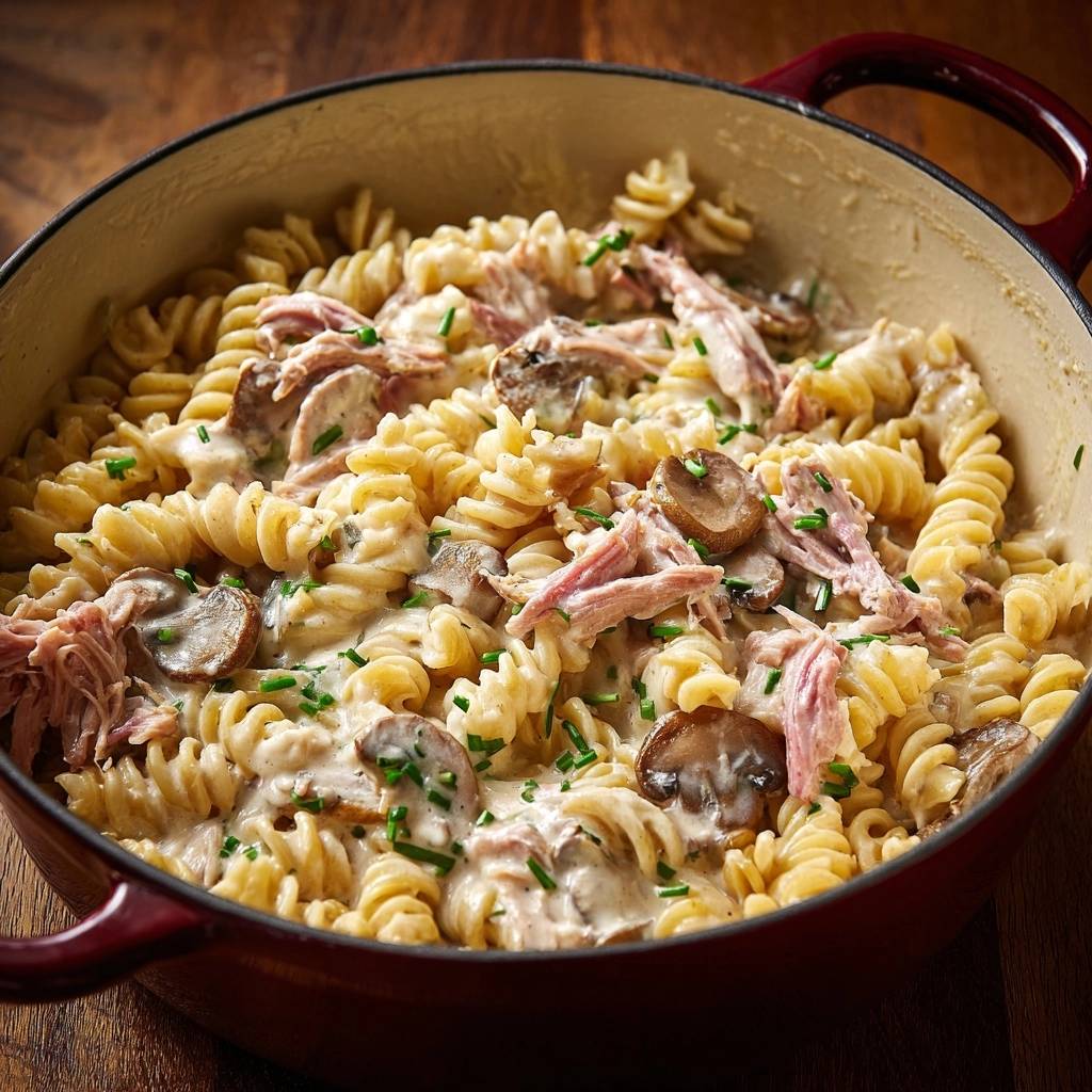 Creamy mushroom and shredded chicken rotini served in a rustic red dutch oven, garnished with fresh chives.