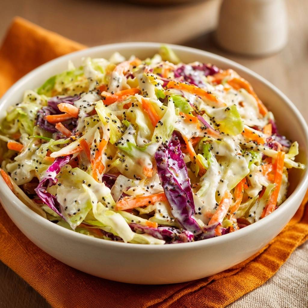 Creamy poppy seed coleslaw close-up in a white bowl, showcasing shredded cabbage and carrots with poppy seeds.