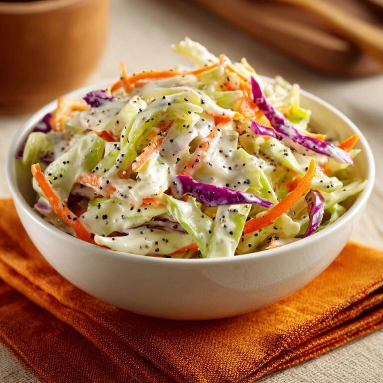 Creamy poppy seed coleslaw served in a white bowl on an orange napkin, showcasing its fresh ingredients.