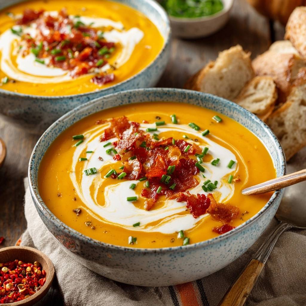 The ultimate creamy roasted butternut squash soup served in bowls, generously topped with bacon and chives.