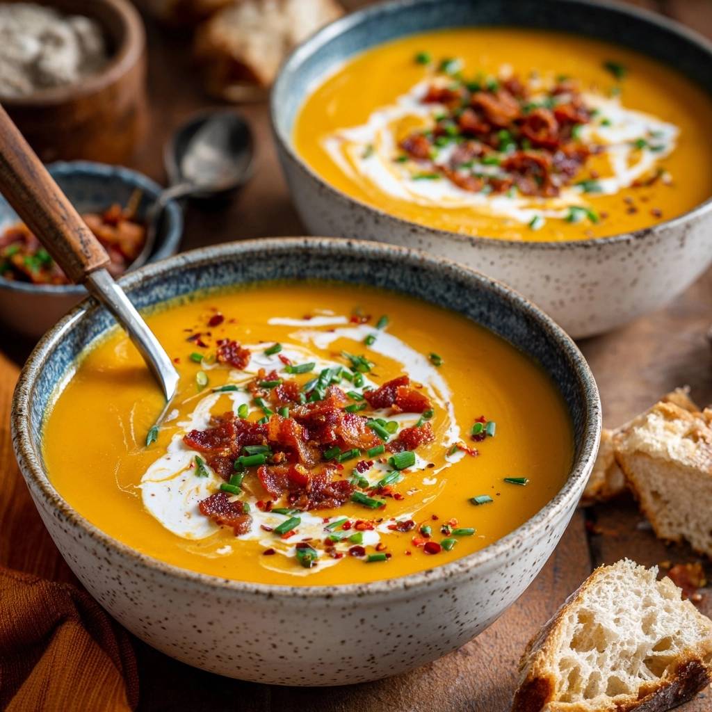 Creamy roasted butternut squash soup served in two bowls, garnished with bacon and chives, with bread on the side.