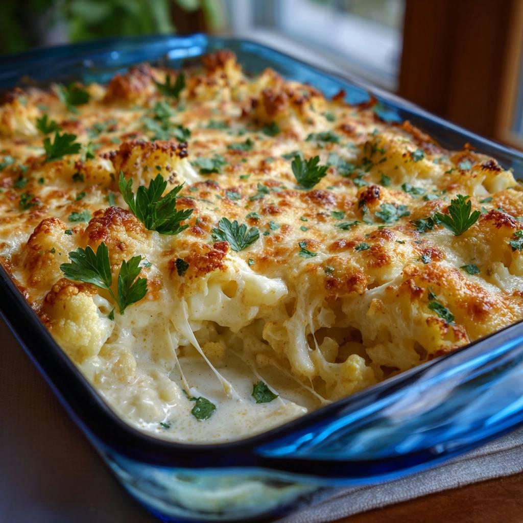 Creamy roasted cauliflower gratin with a cheesy, gooey interior and fresh parsley garnish.