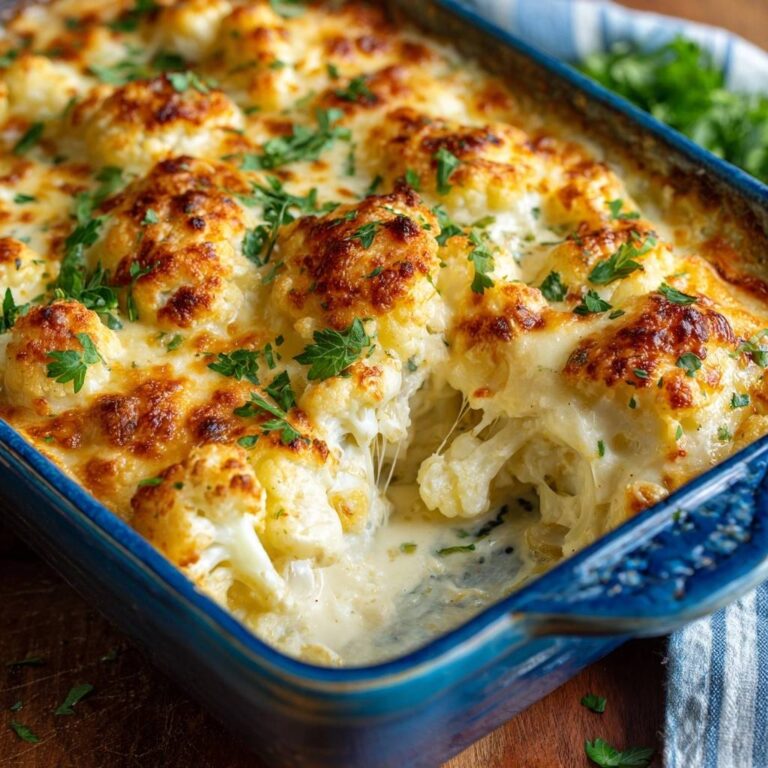 Creamy roasted cauliflower gratin, a close-up view showing gooey melted cheese and golden-brown cauliflower florets.