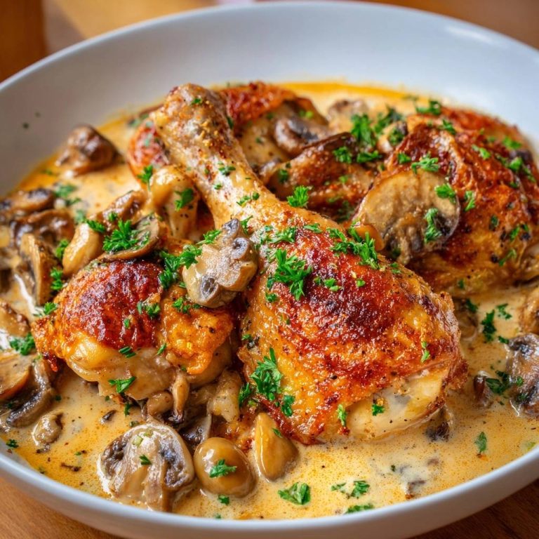 Creamy roasted mushroom chicken with crispy skin served in a white bowl, featuring a close-up view of chicken legs and mushrooms.