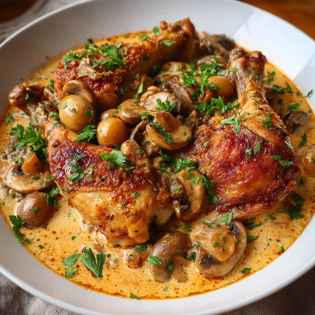 Creamy roasted mushroom chicken with crispy skin, generously garnished with fresh parsley and featuring plump whole mushrooms.