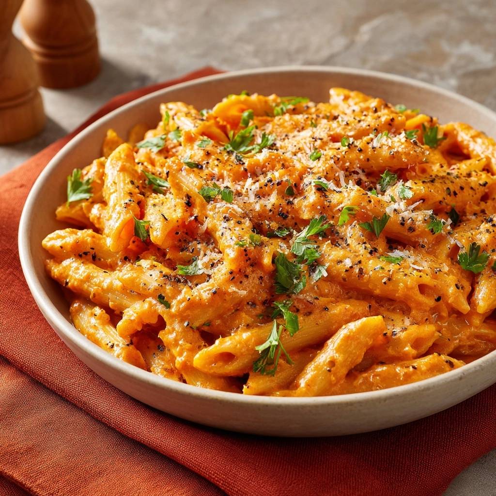 Creamy roasted red pepper penne in a bowl, garnished with parsley and grated cheese, viewed from overhead.