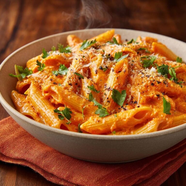 Creamy roasted red pepper penne steaming in a rustic bowl, garnished with parsley and parmesan.