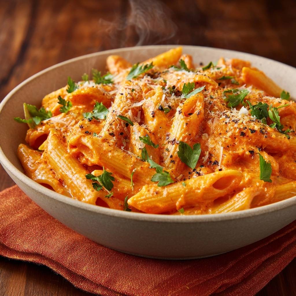 Creamy roasted red pepper penne steaming in a rustic bowl, garnished with parsley and parmesan.