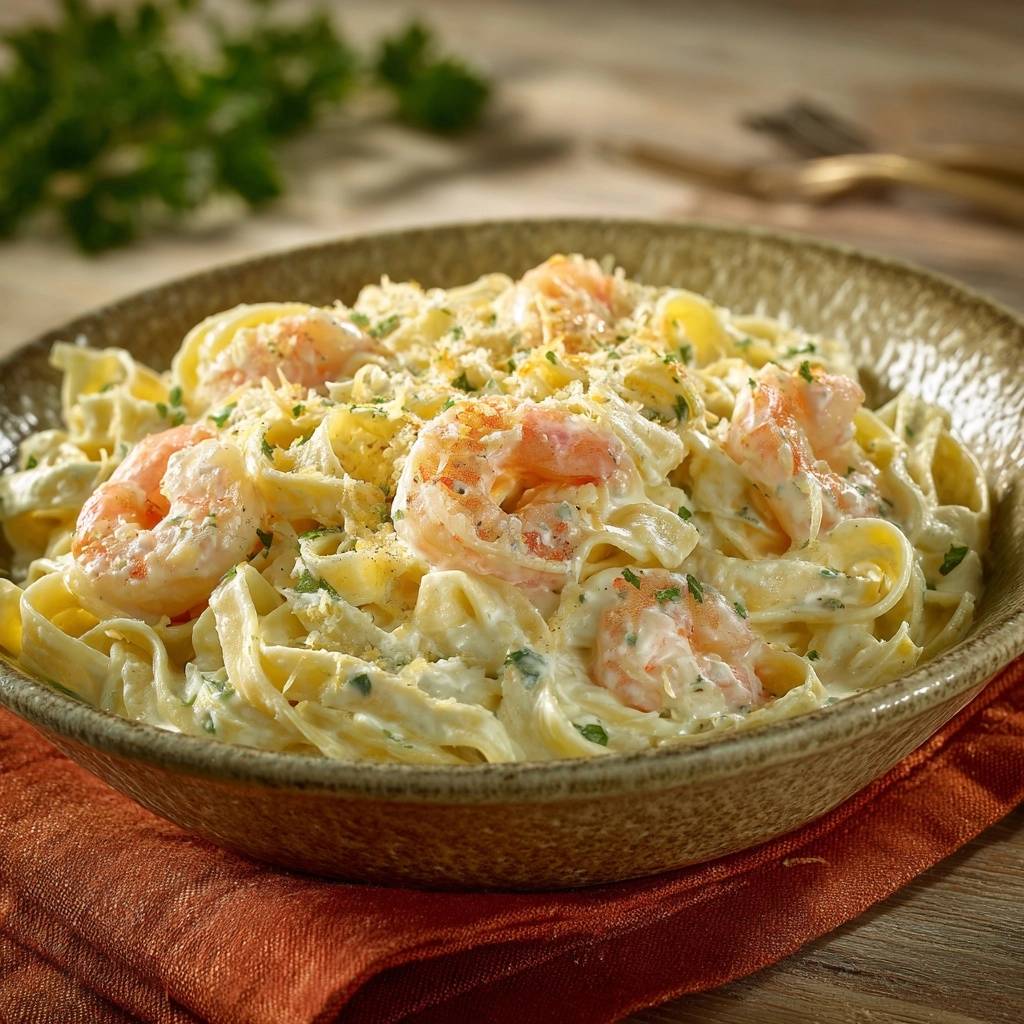 Creamy shrimp fettuccine Alfredo in a bowl, showcasing tender shrimp and rich sauce with a sprinkle of cheese and parsley.