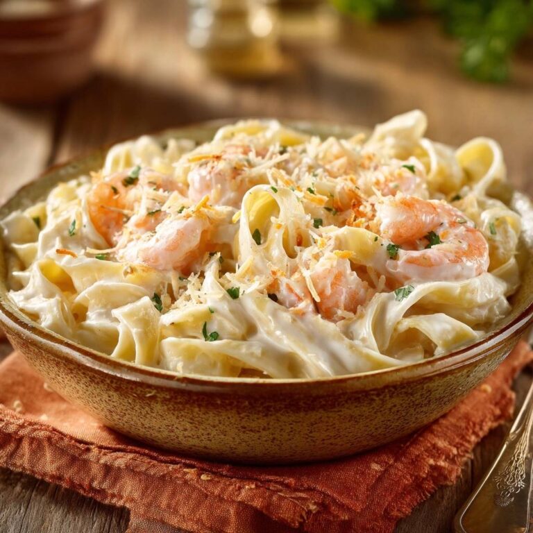 Creamy shrimp fettuccine Alfredo in a rustic bowl, showcasing plump shrimp and rich sauce with a sprinkle of cheese.