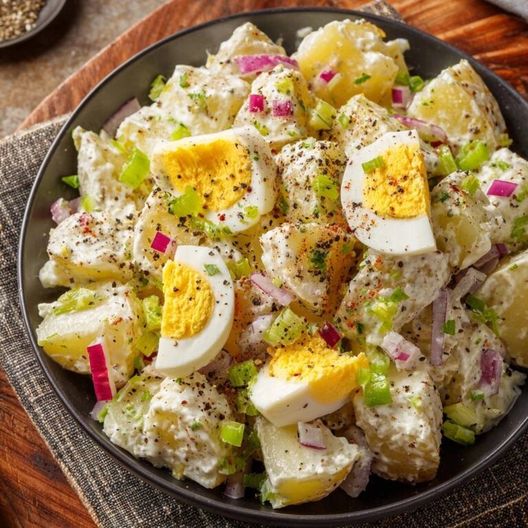 Creamy Southern style potato salad featuring chopped hard-boiled eggs and red onion, close-up view.