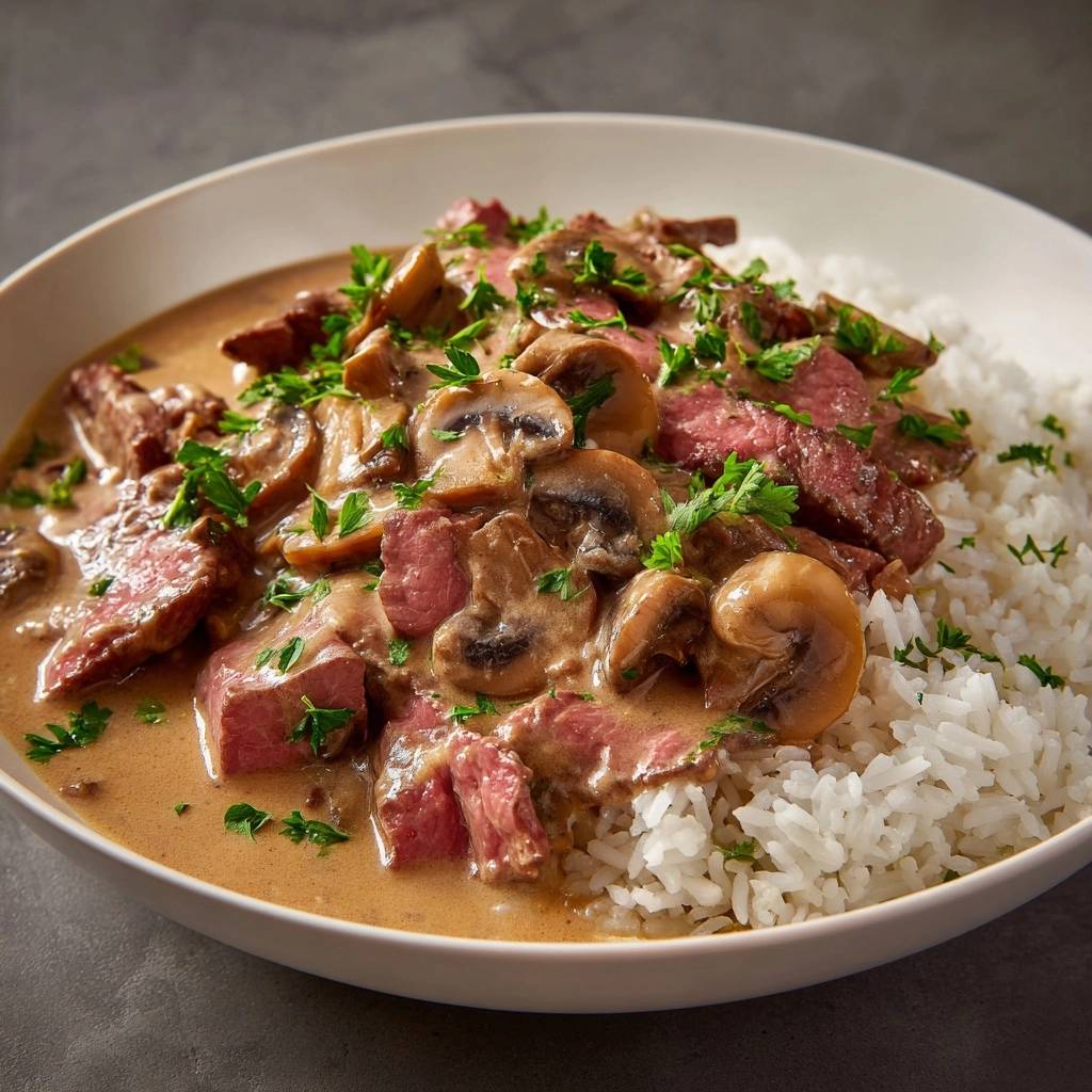 Creamy steak and mushroom stroganoff served over white rice in a bowl, with a close-up view of the tender steak and mushrooms.