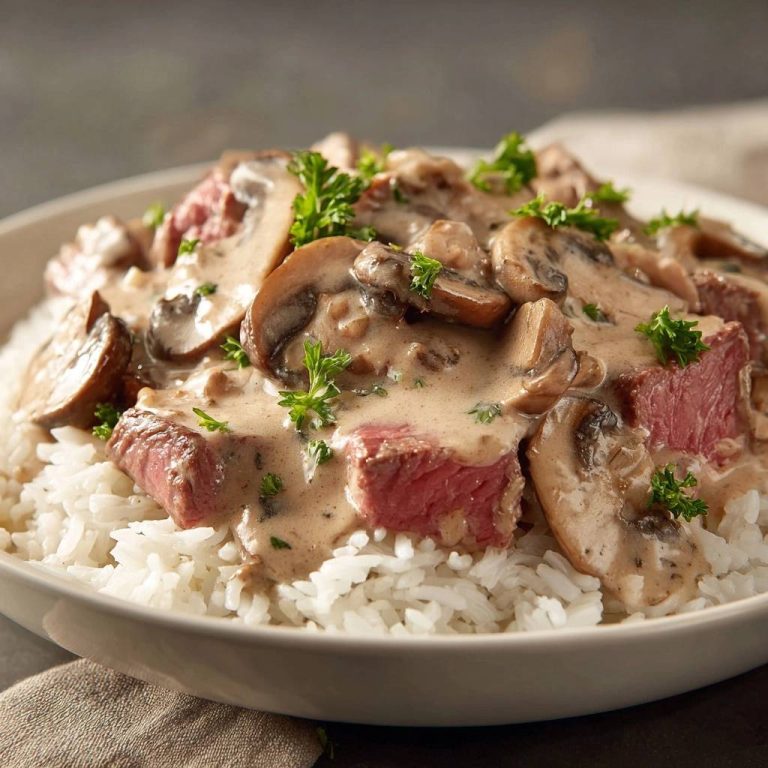 Creamy steak and mushroom stroganoff served over white rice in a bowl, garnished with parsley.