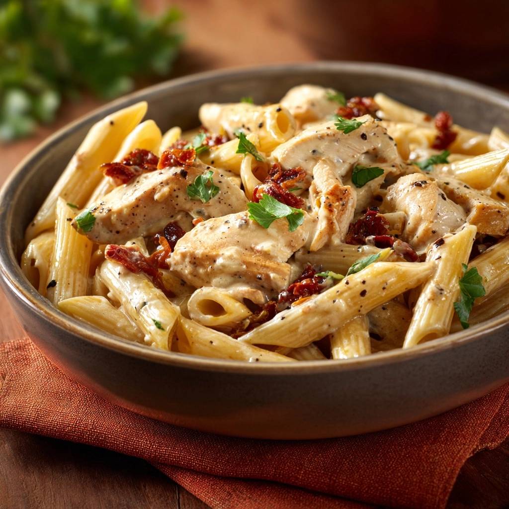 Creamy sun-dried tomato chicken penne served in a rustic bowl, showcasing tender chicken and pasta with fresh parsley garnish.