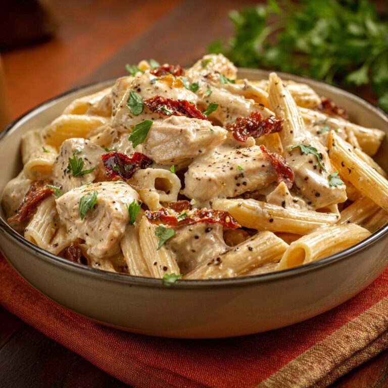 Creamy sun-dried tomato chicken penne shown in a close-up view of a bowl with fresh parsley garnish.