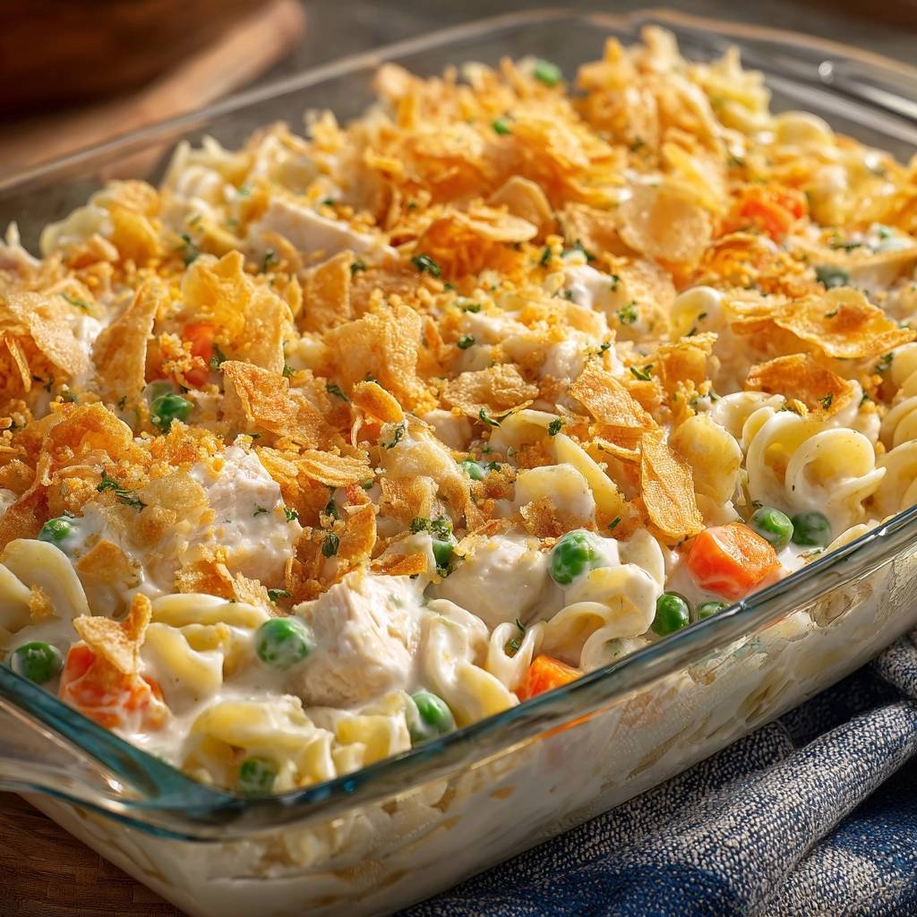 Creamy tuna noodle casserole topped with golden crushed cornflakes and fresh parsley in a glass baking dish.