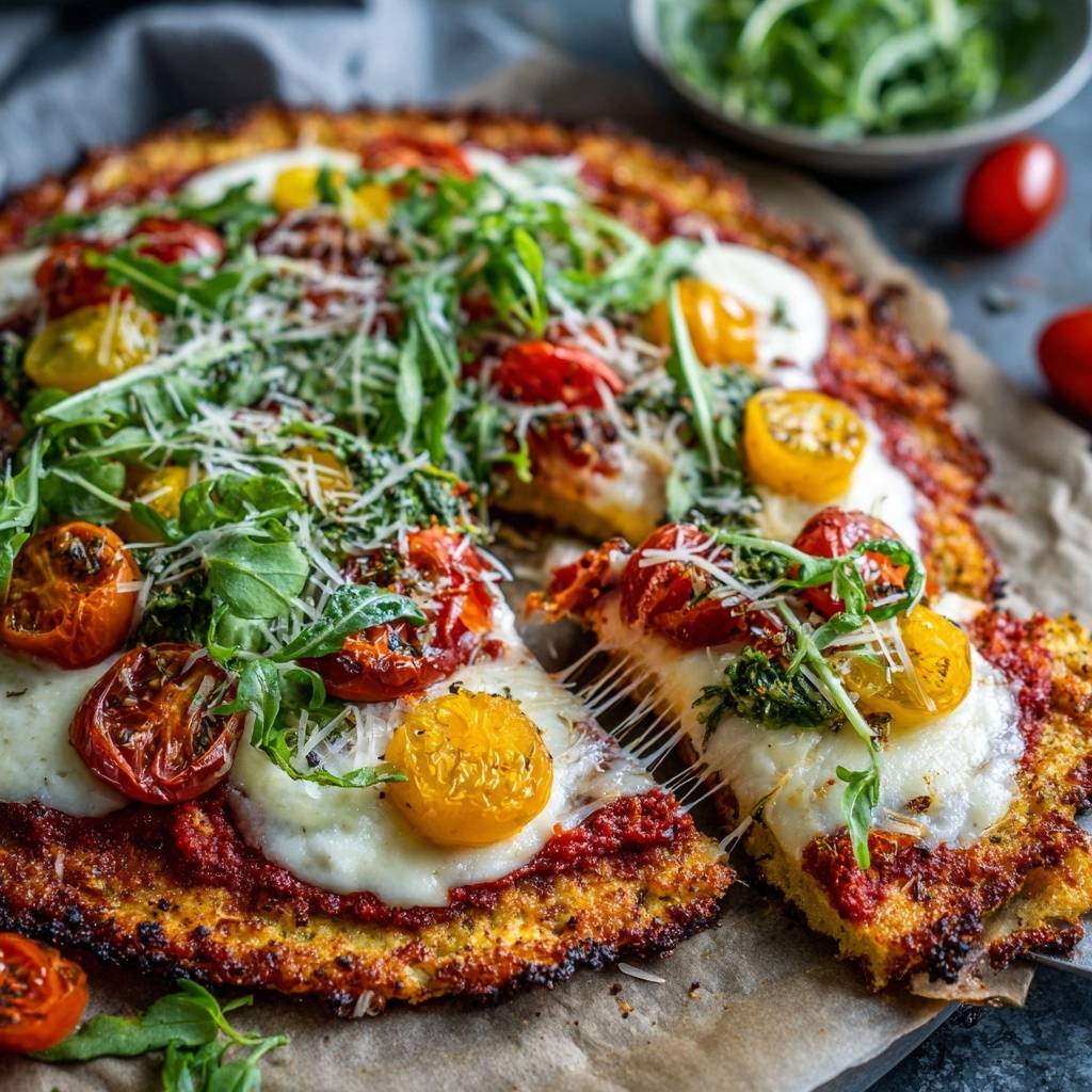 Crispy cauliflower crust Margherita pizza with a cheesy pull, showing melted mozzarella and fresh toppings.