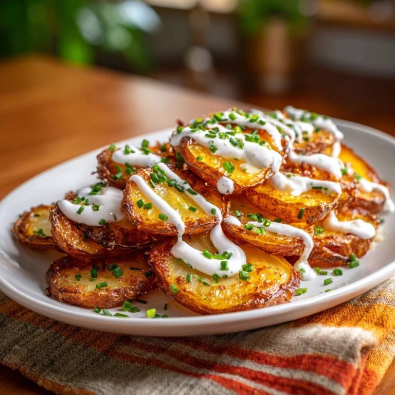 Crispy garlic potato medallions drizzled with sour cream and fresh chives, served on a white plate.
