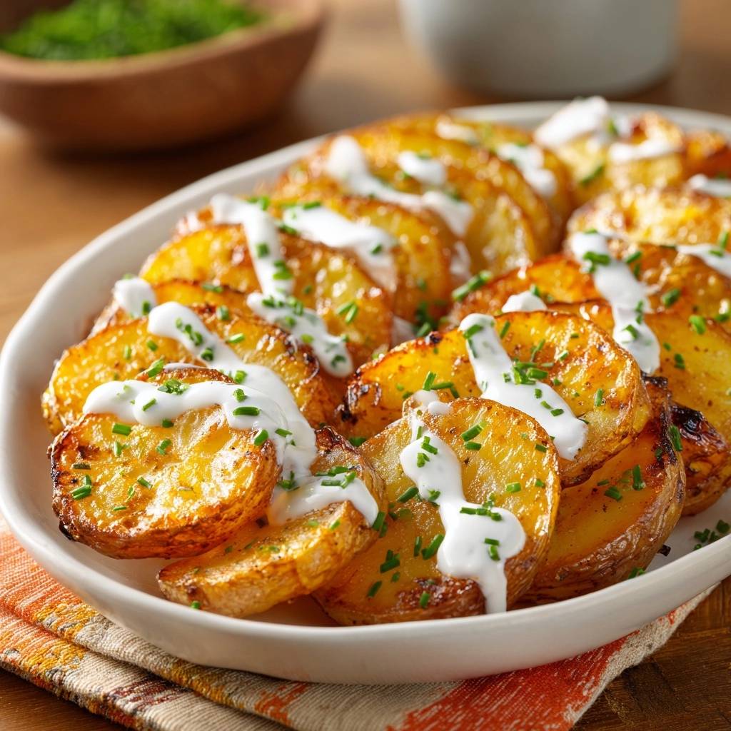 Crispy garlic potato medallions drizzled with sour cream and fresh chives, showcasing a glistening garnish.