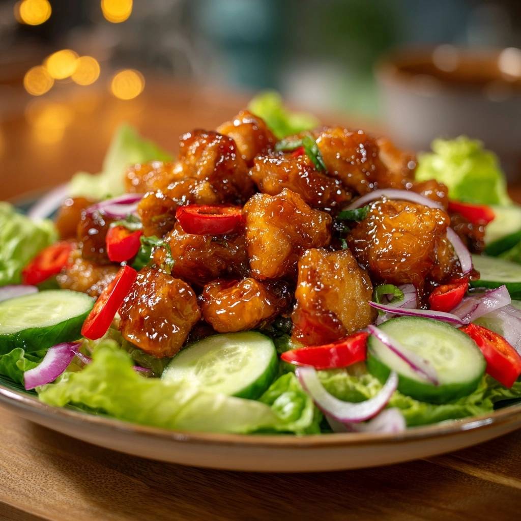 Crispy glazed chicken salad served in a close-up pile atop fresh lettuce, cucumber, and red onion.