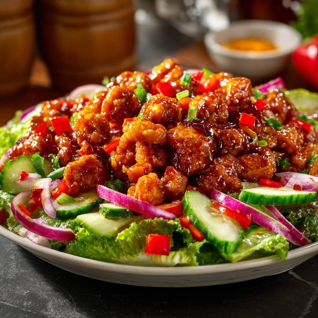 Crispy glazed chicken salad featuring a close-up view of the glazed chicken topping with fresh vegetables.