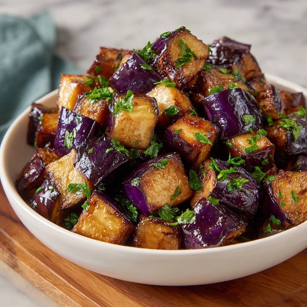 Crispy glazed eggplant cubes are piled high in a white bowl, garnished with fresh parsley, close-up view.