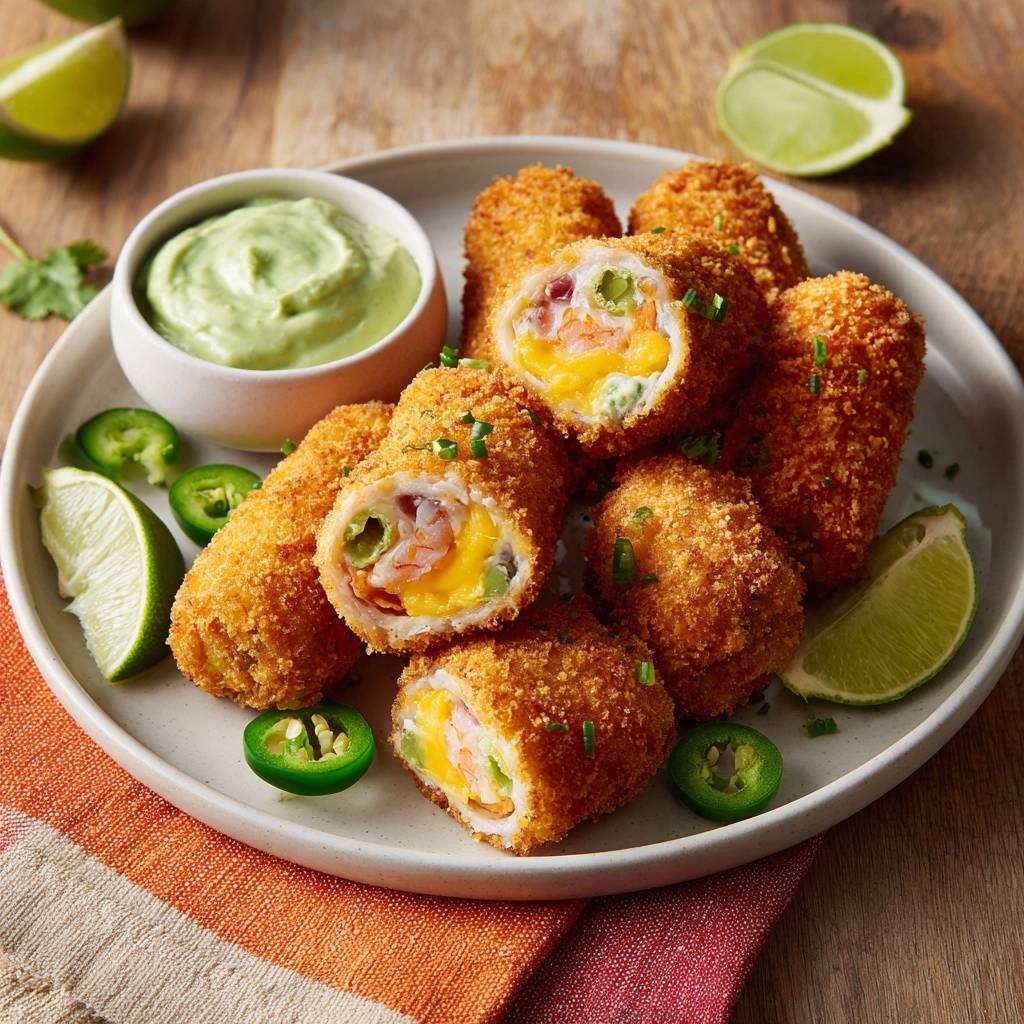 Crispy shrimp and cheese jalapeno poppers cross-section showing filling with shrimp, cheese, and jalapenos.