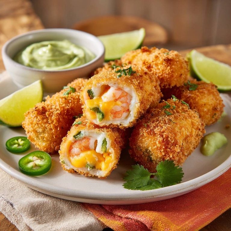 Crispy shrimp and cheese jalapeno poppers shown in a close-up cross-section revealing the shrimp, cheese, and jalapeno filling.